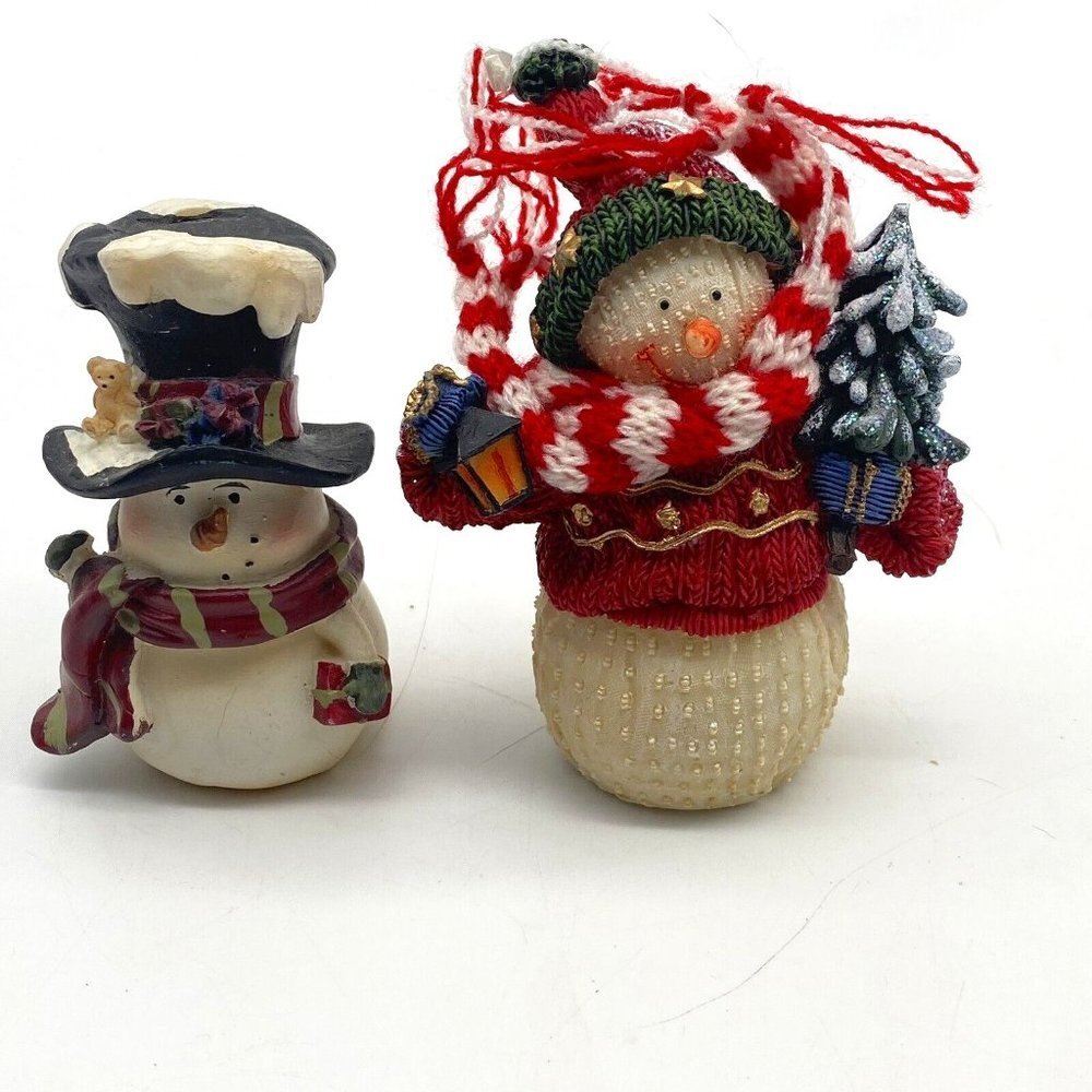 VTG Snowman Figurine Pair Small Christmas Holiday Winter Scarf Tree‎ Hat Mantel